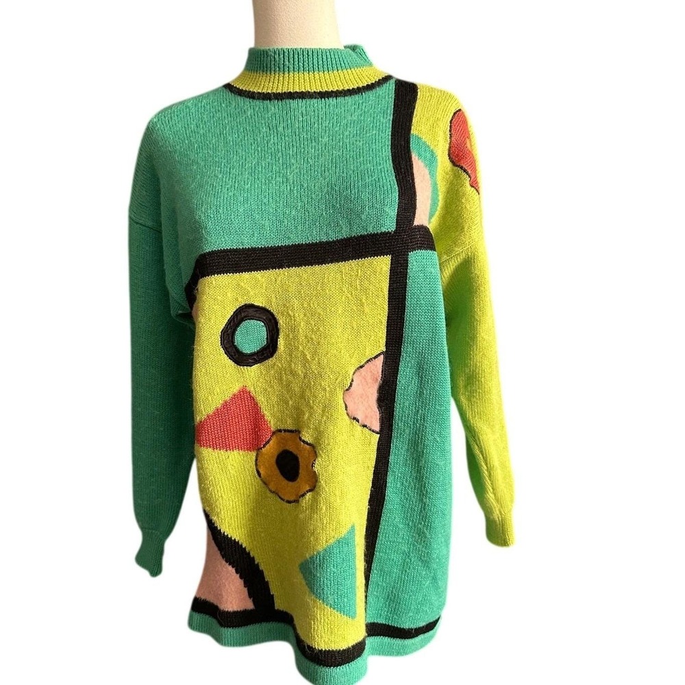 Vtg 80s Nuova Moda‎ Creation Abstract Geometric Mock Neck Wool Angora Sweater S